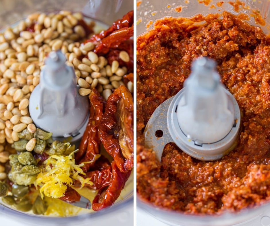 Two stages of sun-dried tomato pesto preparation: ingredients added to a food processor and final product.