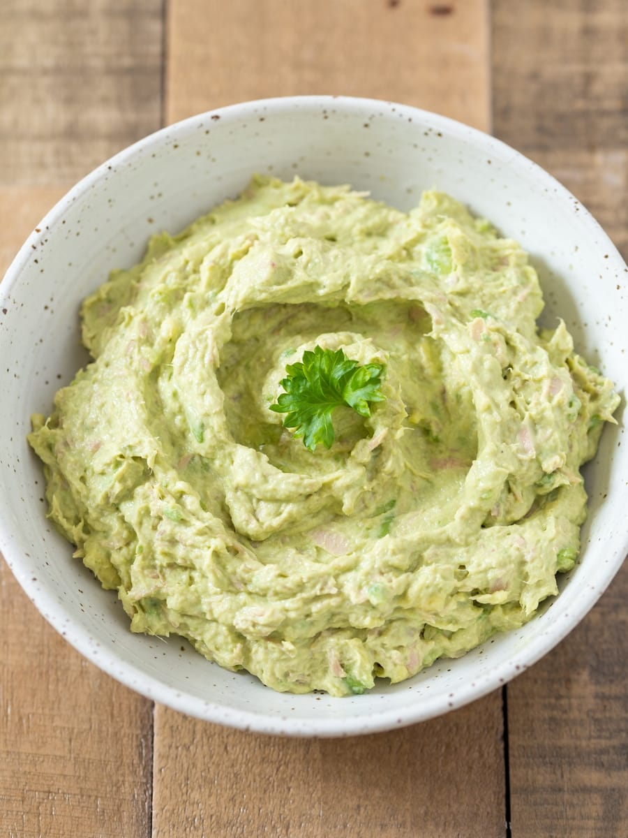Tuna avocado salad in a bowl.