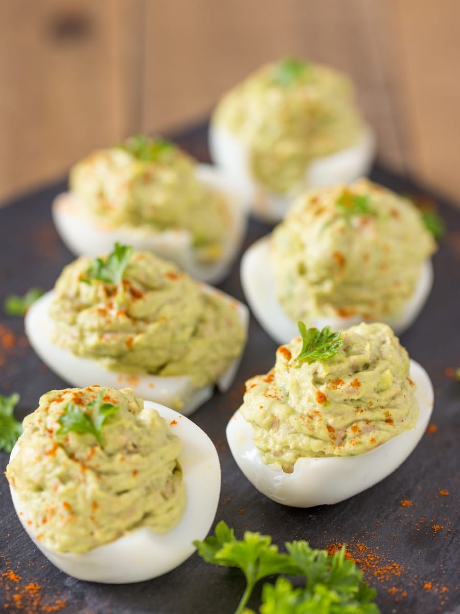 Tuna avocado filled eggs.