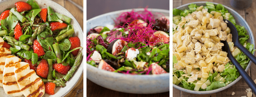 3 green salads with fruits by electricbluefood.