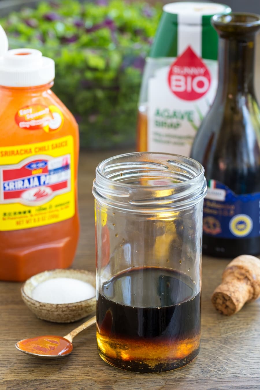 Vegan dressing made with balsamico and agave syrup, with sriracha.