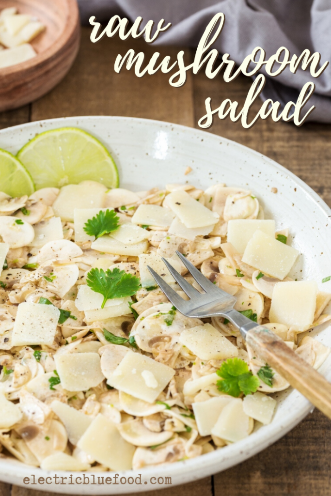 Raw mushroom salad with parmigiano flakes and cilantro. Dressed with olive oil, lime juice and cracked black pepper. Have a less known Italian salad as side dish to your grilled food this summer!