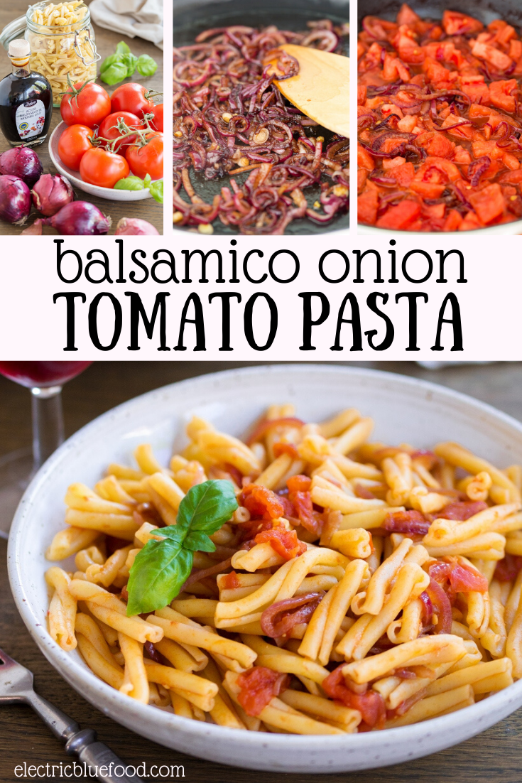 A delicious pasta sauce made with fresh tomatoes and balsamico onions. Red onions are flavoured with balsamic vinegar before adding fresh tomatoes for a fantastic summer pasta sauce.