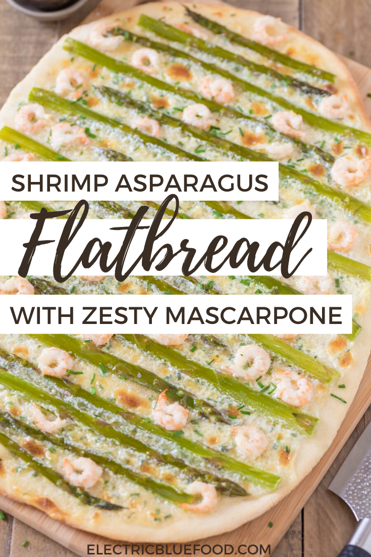 Steamed asparagus, shrimps and a zesty mascarpone cream top this fabulous shrimp asparagus flatbread. Enjoy hot or cold, perfect as starter or main dish. A summer favourite.