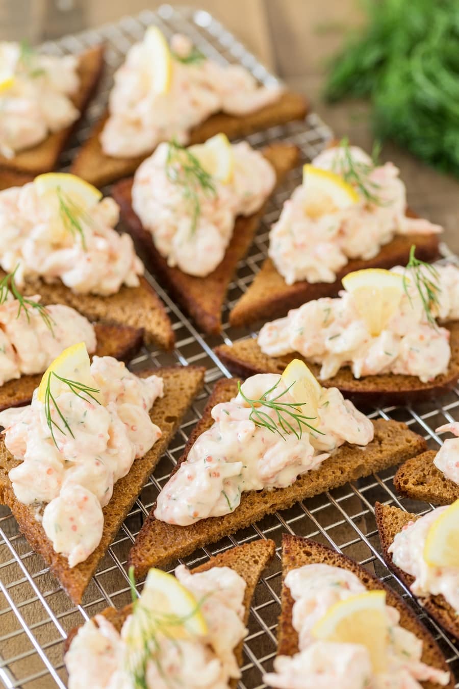 Swedish shrimp salad skagenröra on rye toast.