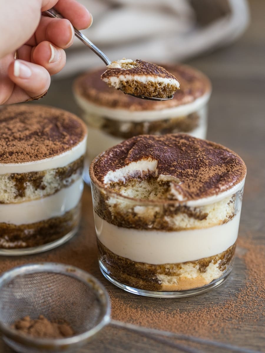 Hand lifting a spoonful of tiramisu off a glass.