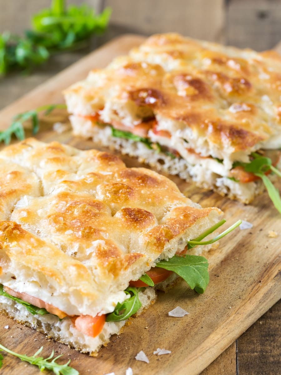 Caprese sandwich on focaccia bread.