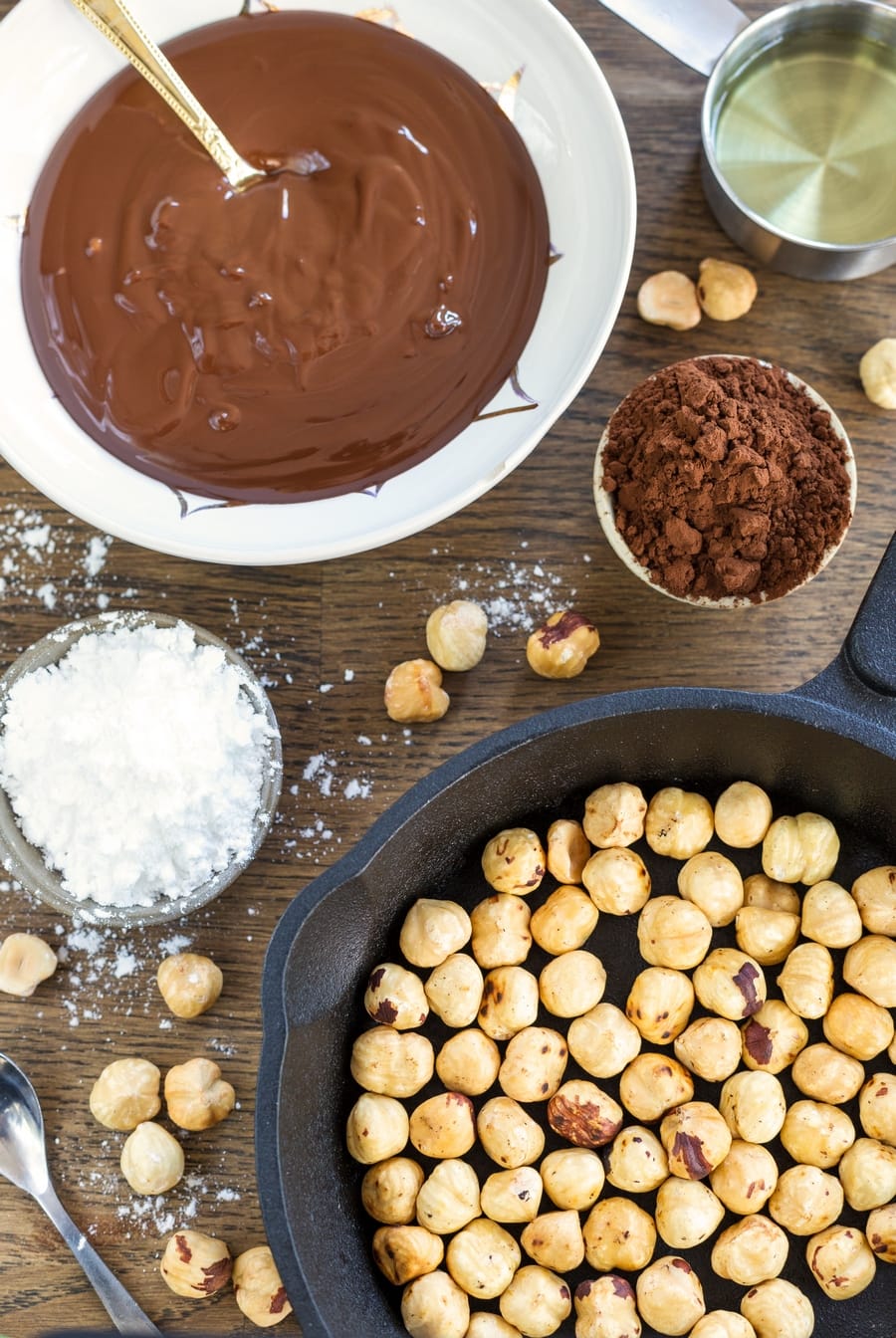 Overhead view of ingredients used to make dark chocolate nutella.