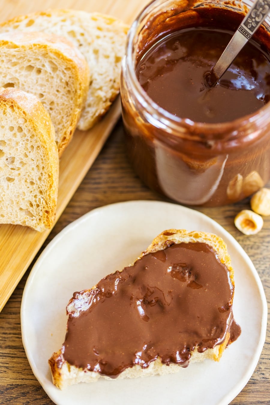 Dark chocolate nutella spread on sourdough bread.