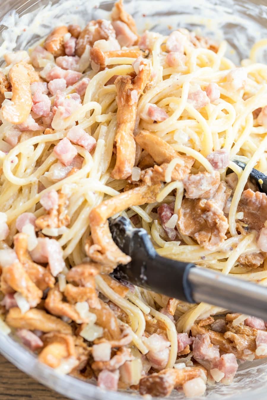 Sautéeed mushrooms and bacon stirred into creamy mustard pasta.