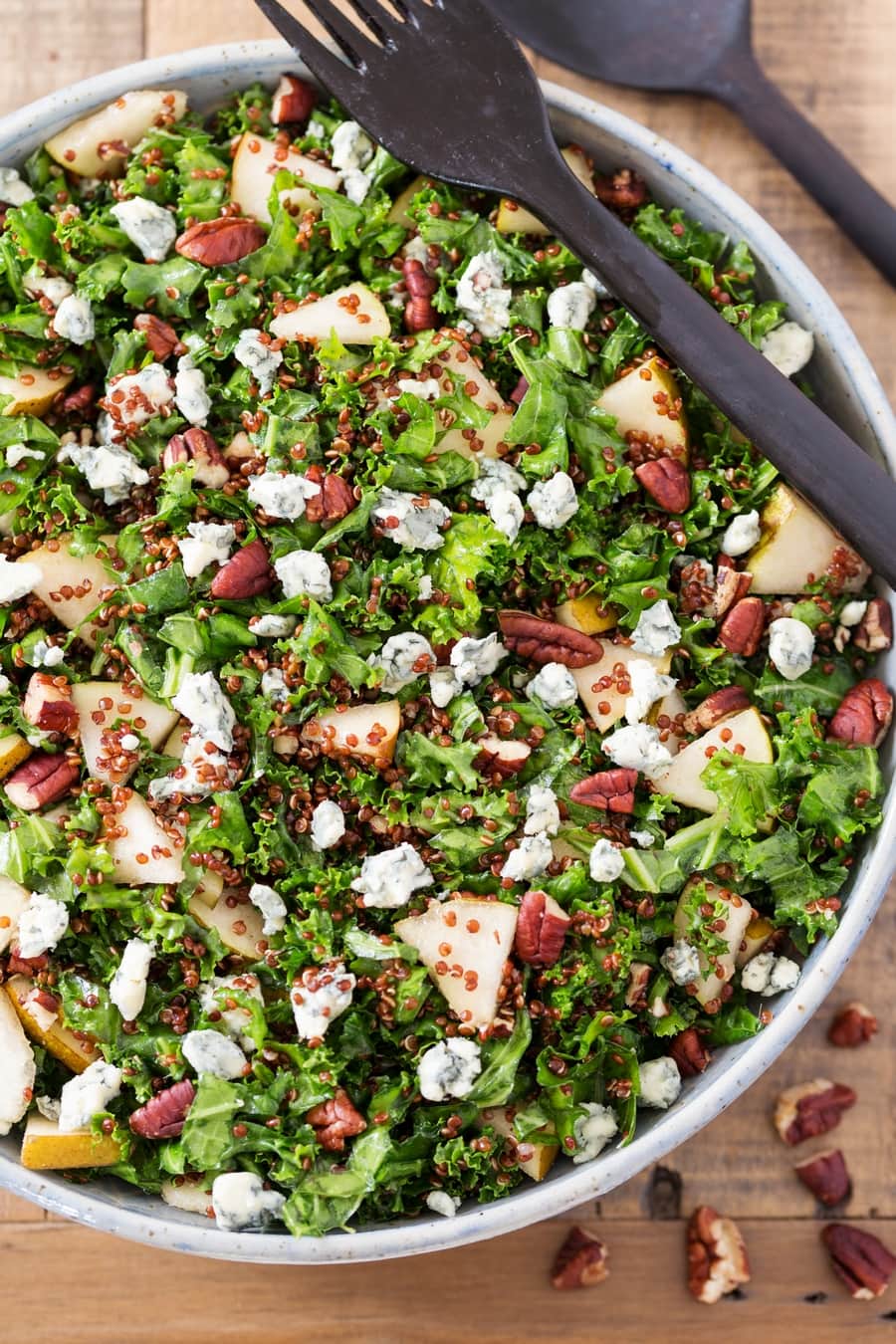 Pear, pecans and blue cheese kale salad with quinoa.