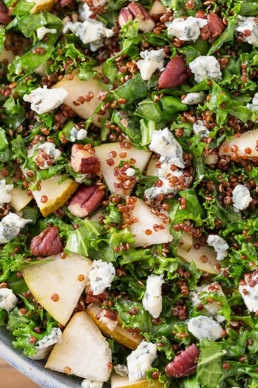 Closeup of pear blue cheese kale salad.