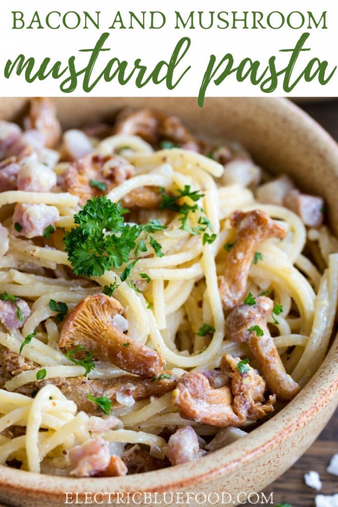 A delicious mustard pasta with mushrooms and bacon is the perfect early fall recipe. Serve your favourite pasta with this creamy hney mustard pasta sauce with smoked bacon and chanterelles.