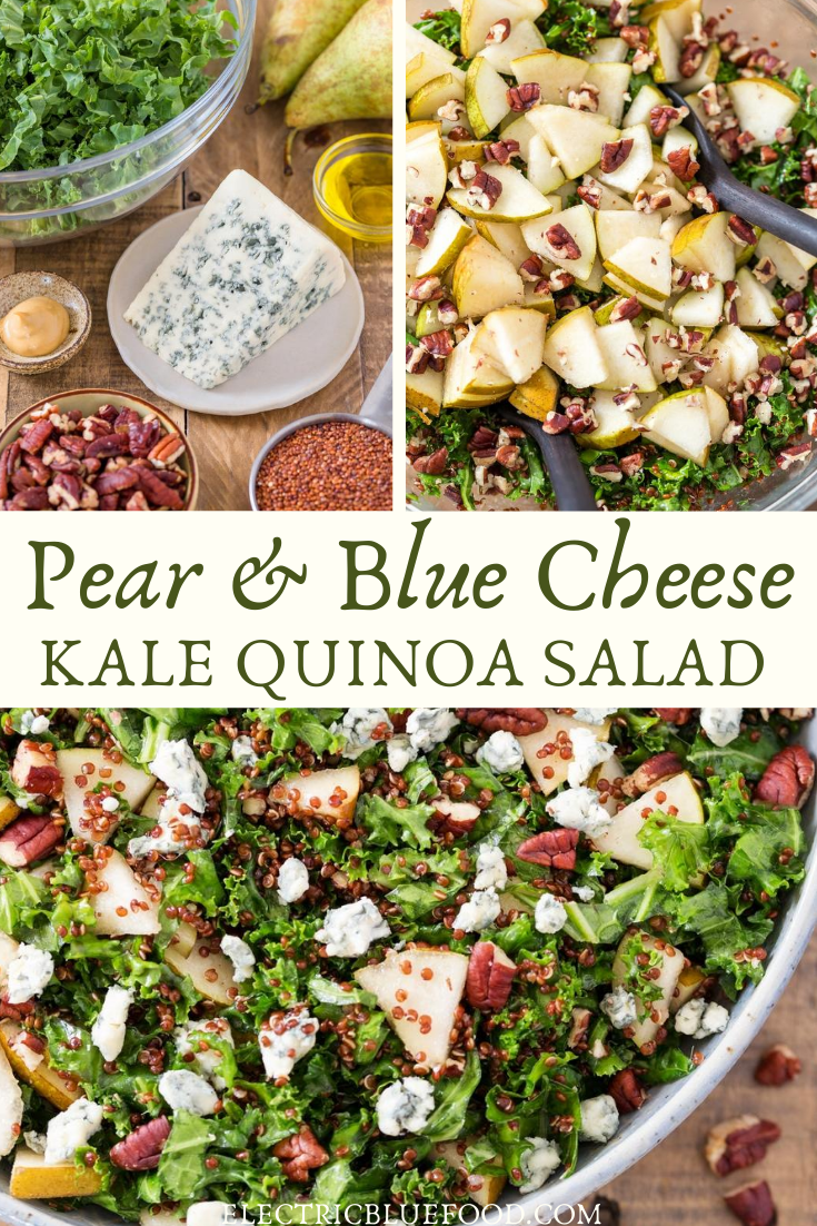 Pear and blue cheese kale salad with quinoa and pecans. A delicious and nutritious salad that combines kale and quinoa, topped with the impeccable combination of pear, blue cheese and pecans. Love at every bite!