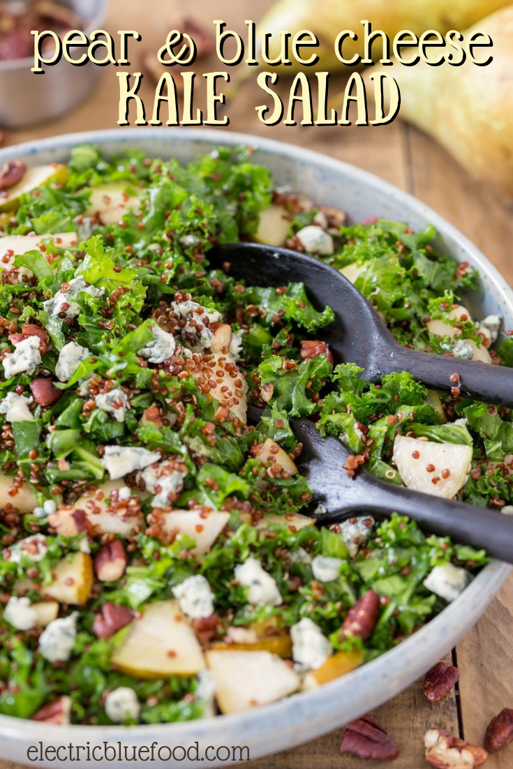 Pear and blue cheese kale salad with quinoa and pecans. A delicious and nutritious salad that combines kale and quinoa, topped with the impeccable combination of pear, blue cheese and pecans. Love at every bite!