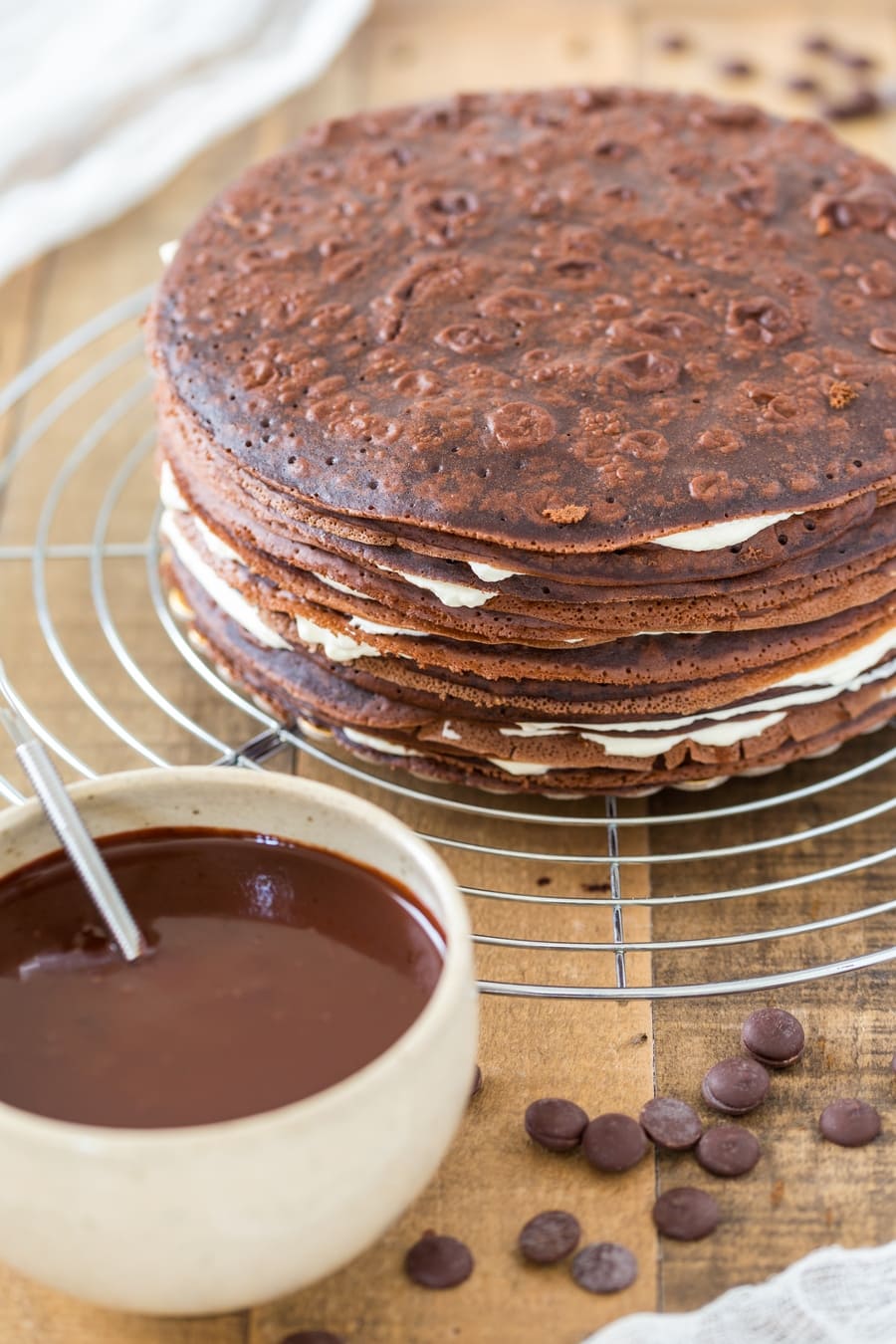 Naked Black Forest crepe cake before adding the chocolate ganache.