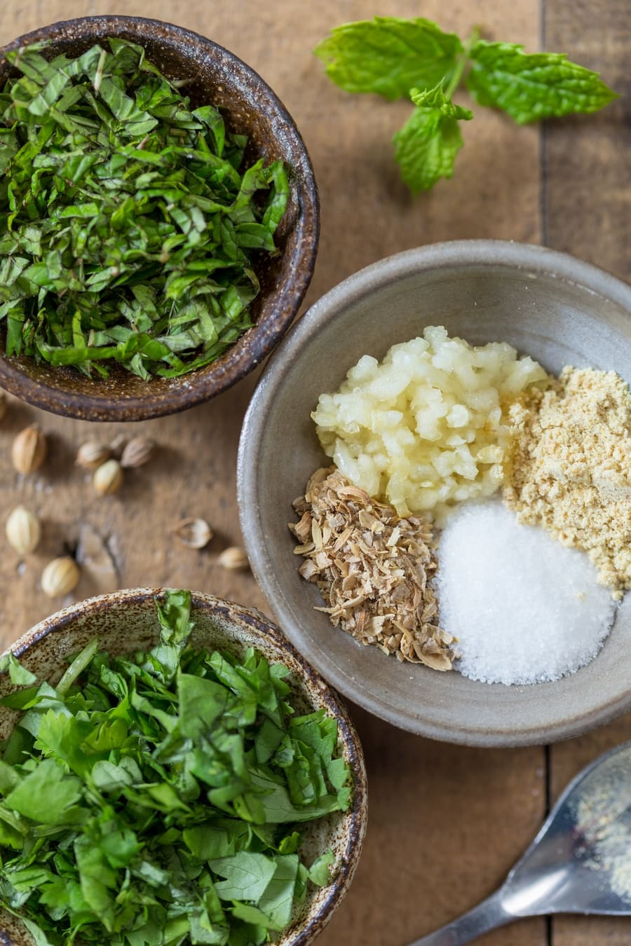 Herbs and spices that go into badrijani nigvzit (Georgian eggplant rolls).