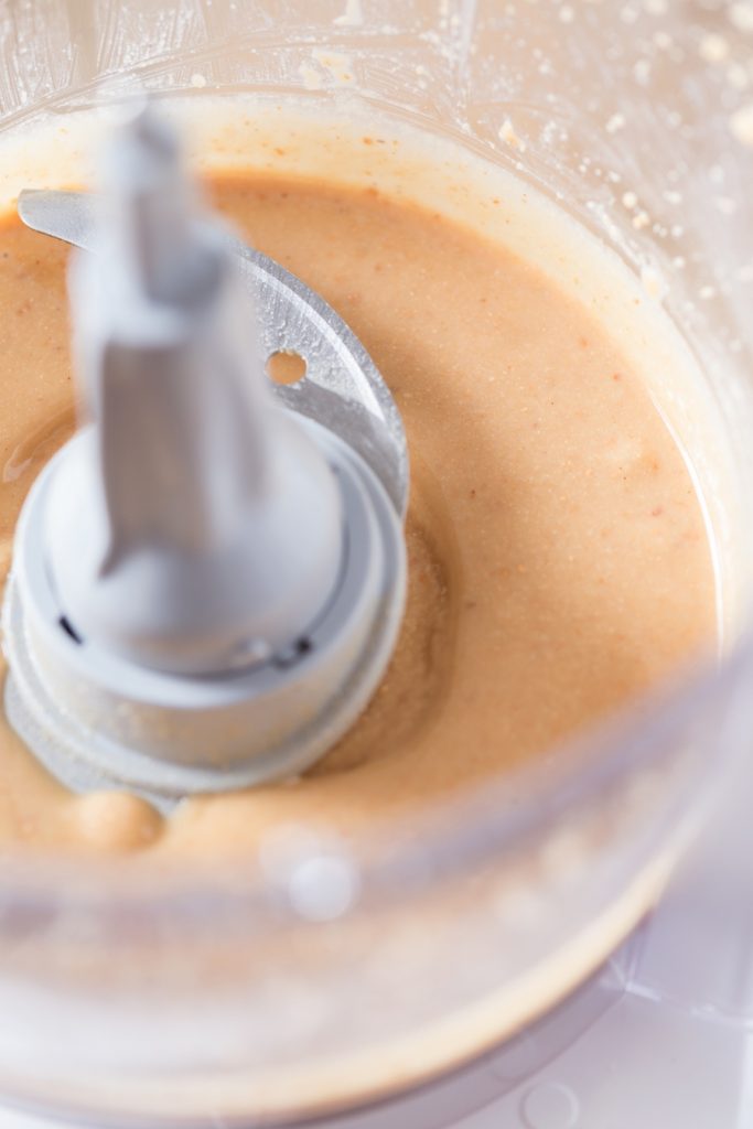 Hazelnut paste in a food processor.