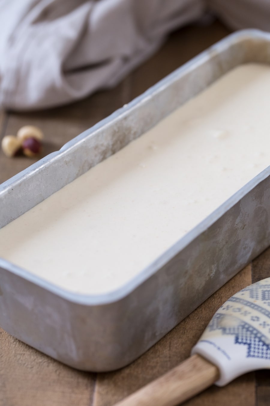 No-churn hazelnut ice cream in an aluminium container.