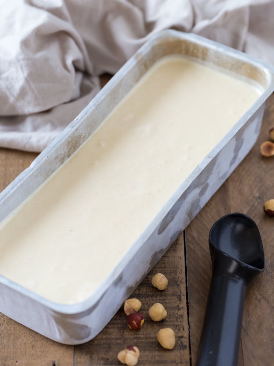 No-churn hazelnut ice cream in an aluminium container.