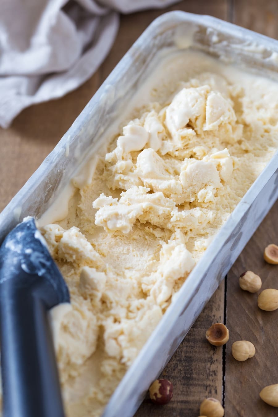 No-churn hazelnut ice cream in an aluminium container.