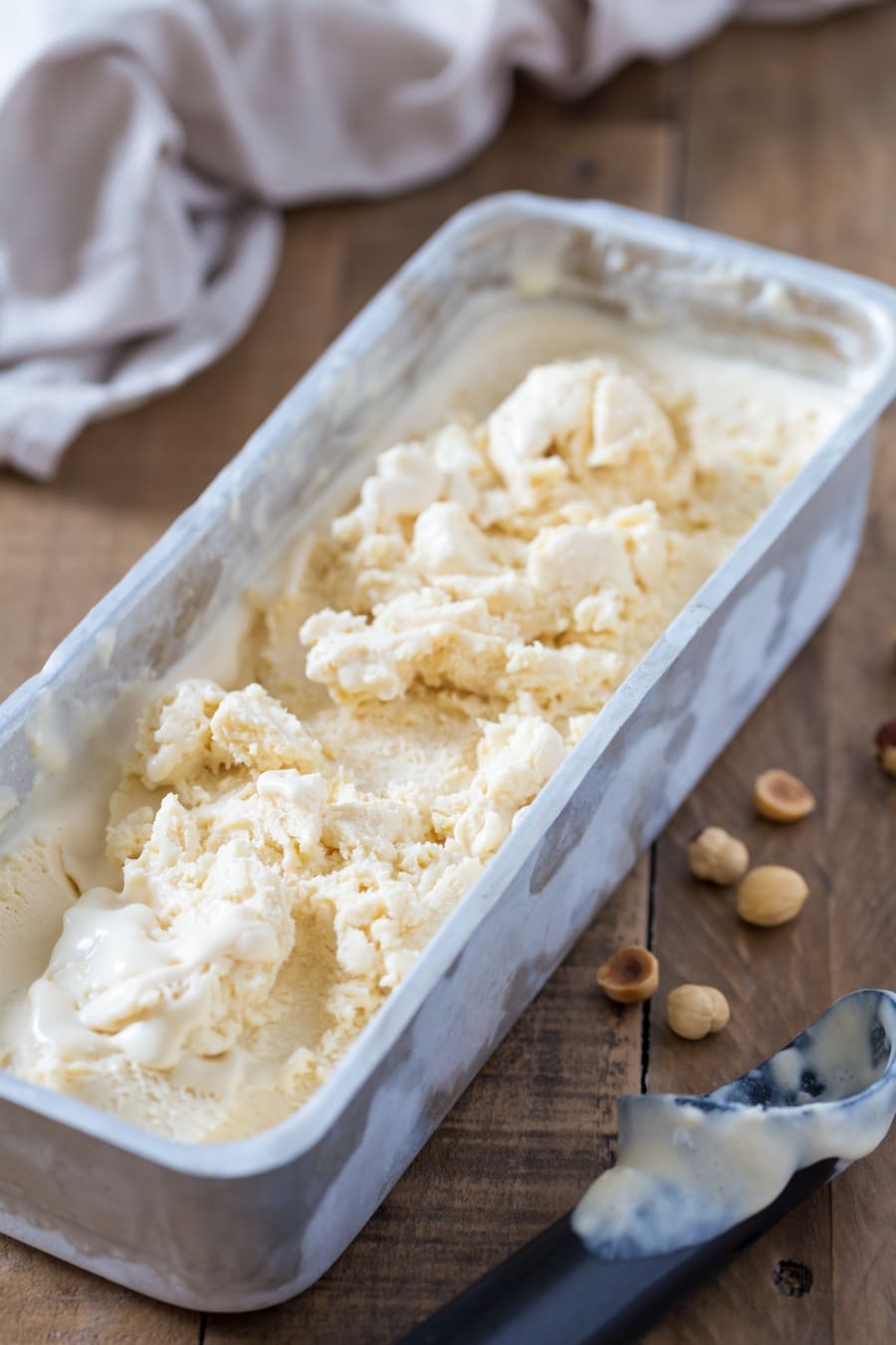 No-churn hazelnut ice cream in an aluminium container.