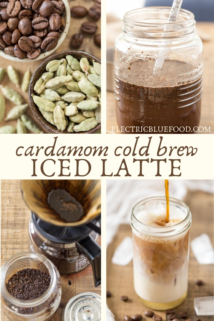 Cardamom cold brew iced latte is the perfect coffee beverage for a hot summer day. Cardamom infused cold brew coffee is served with ice cubes, oat milk and vanilla syrup. Spice up your coffee fix and enjoy a café-style beverage at home!