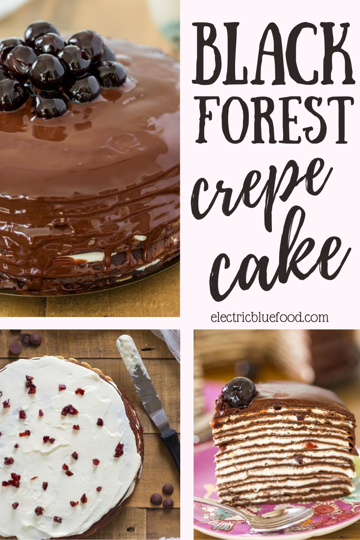 Black Forest crepe cake is the crepe cake version of the traditional German cake. Made with chocolate crepes and layers of whipped cream and minced sour cherries in syrup, it is then covered in chocolate ganache and decprated with more amarena cherries. Make Black forest cake on the stovetop swapping the sponge cake for crepes!