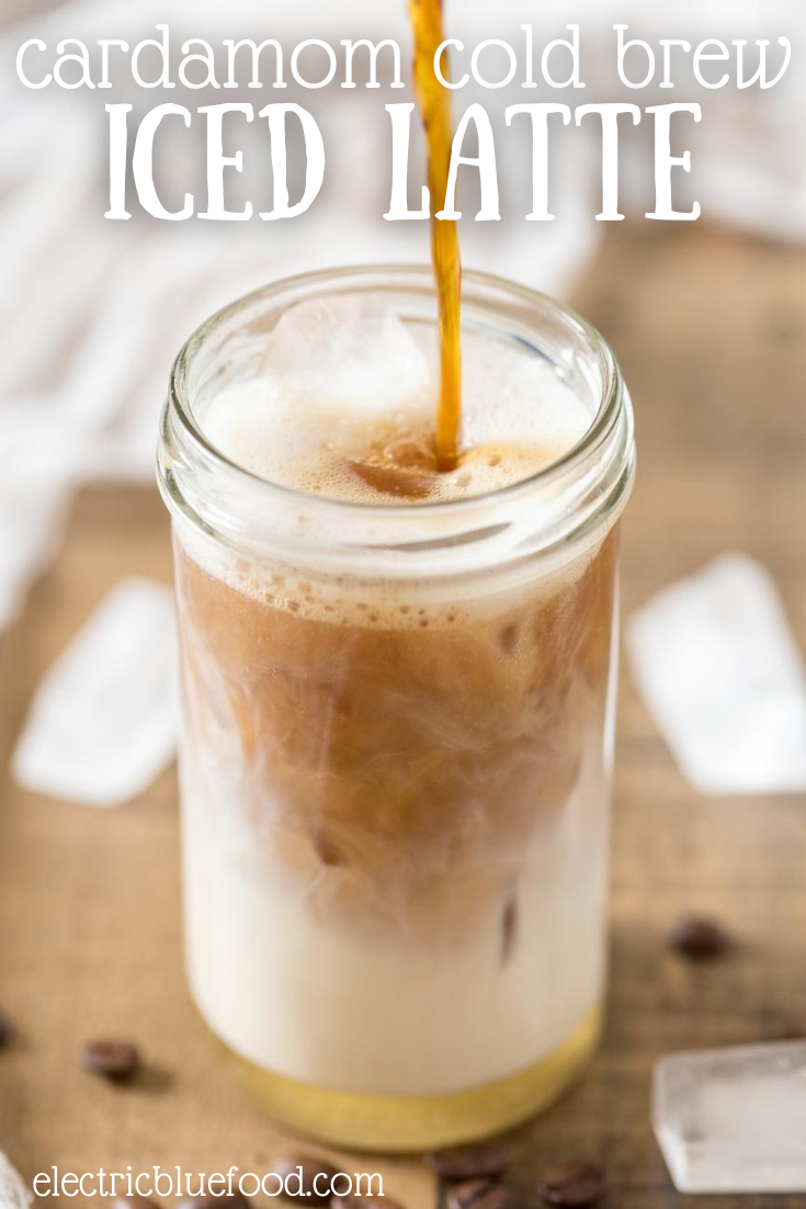 Cardamom cold brew iced latte is the perfect coffee beverage for a hot summer day. Cardamom infused cold brew coffee is served with ice cubes, oat milk and vanilla syrup. Spice up your coffee fix and enjoy a café-style beverage at home!