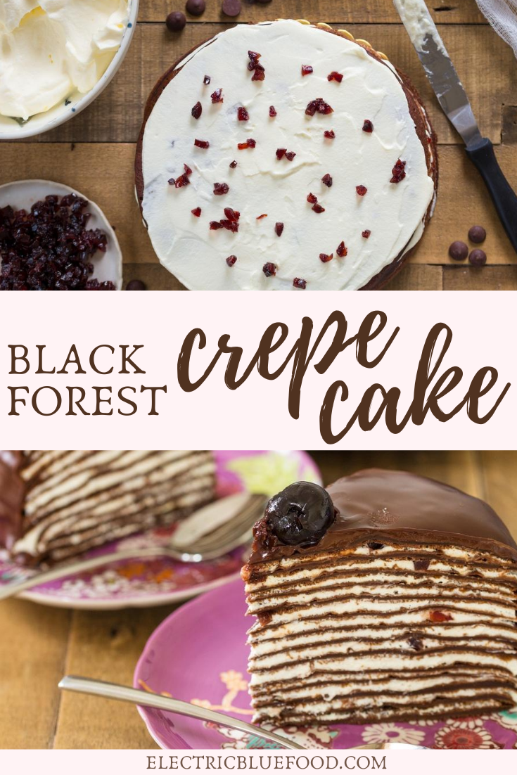 Black Forest crepe cake is the crepe cake version of the traditional German cake. Made with chocolate crepes and layers of whipped cream and minced sour cherries in syrup, it is then covered in chocolate ganache and decprated with more amarena cherries. Make Black forest cake on the stovetop swapping the sponge cake for crepes!