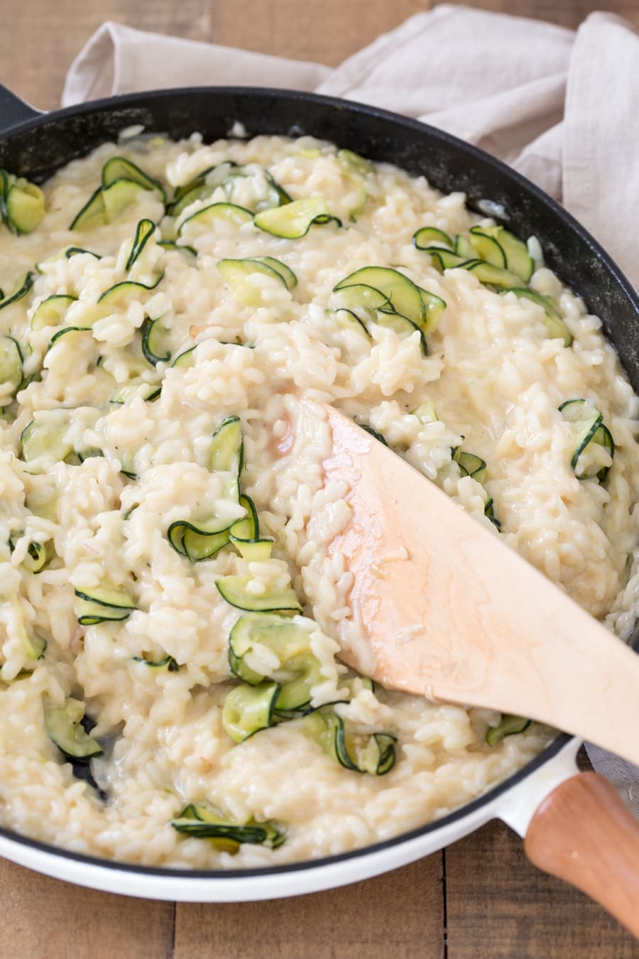 Pan-friend zucchini are added to cheddar risotto.