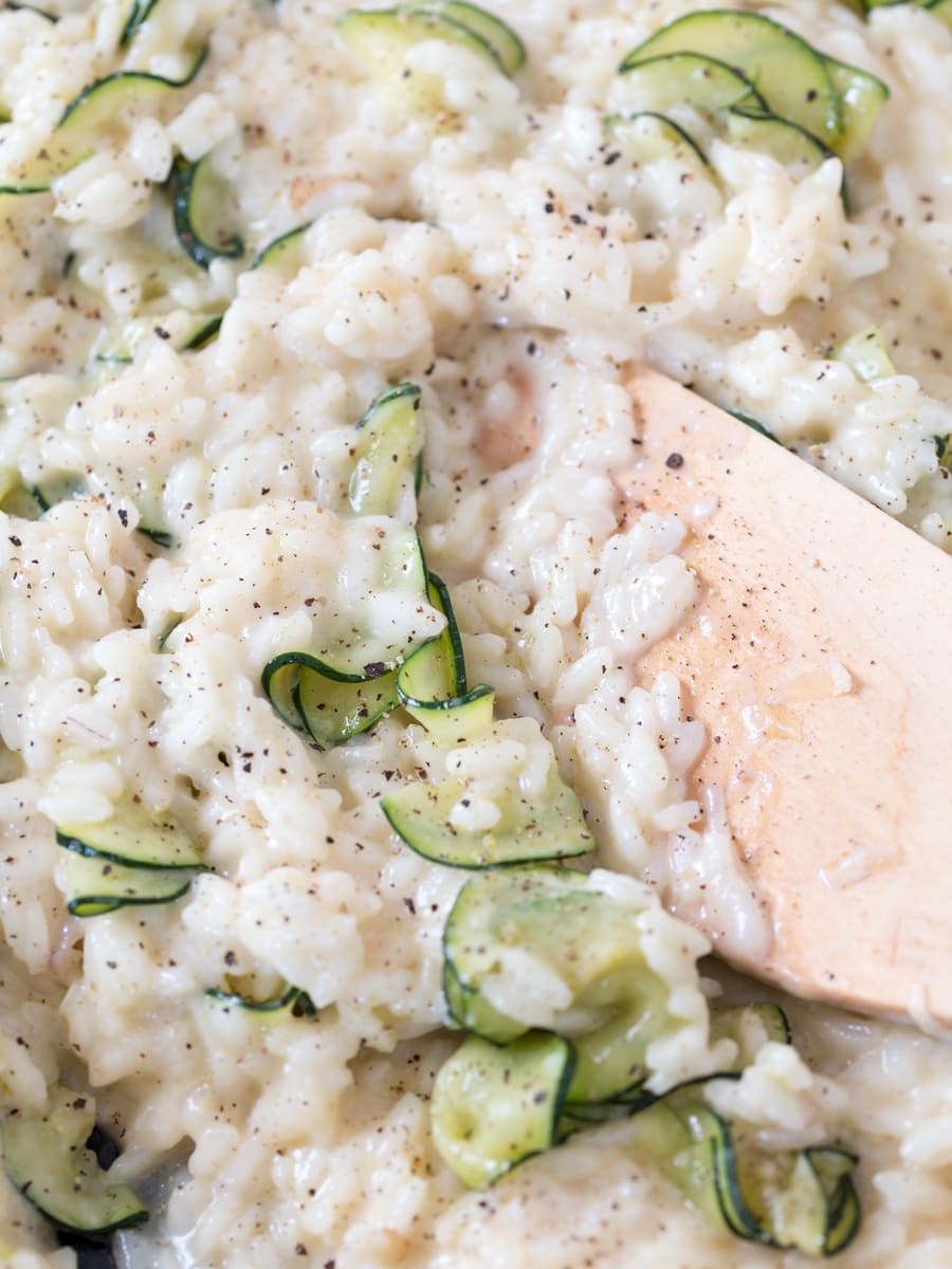 Closeup of zucchini cheddar risotto.