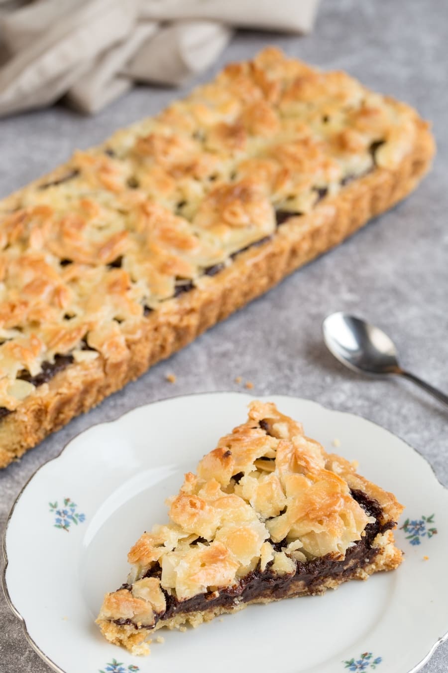Chocolate almond tart, sliced.