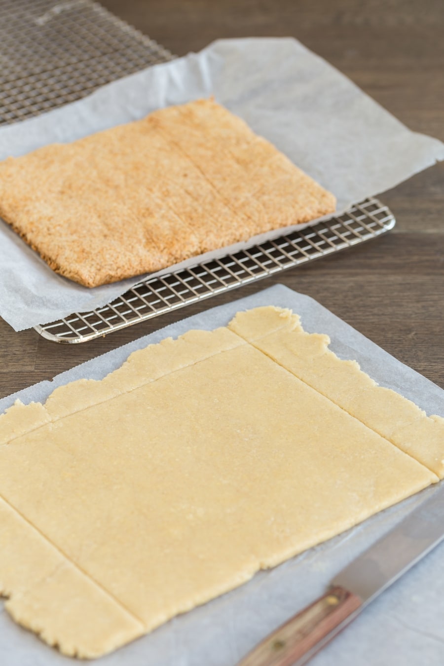 Baked and unbaked layers of honey shortcrust pastry.