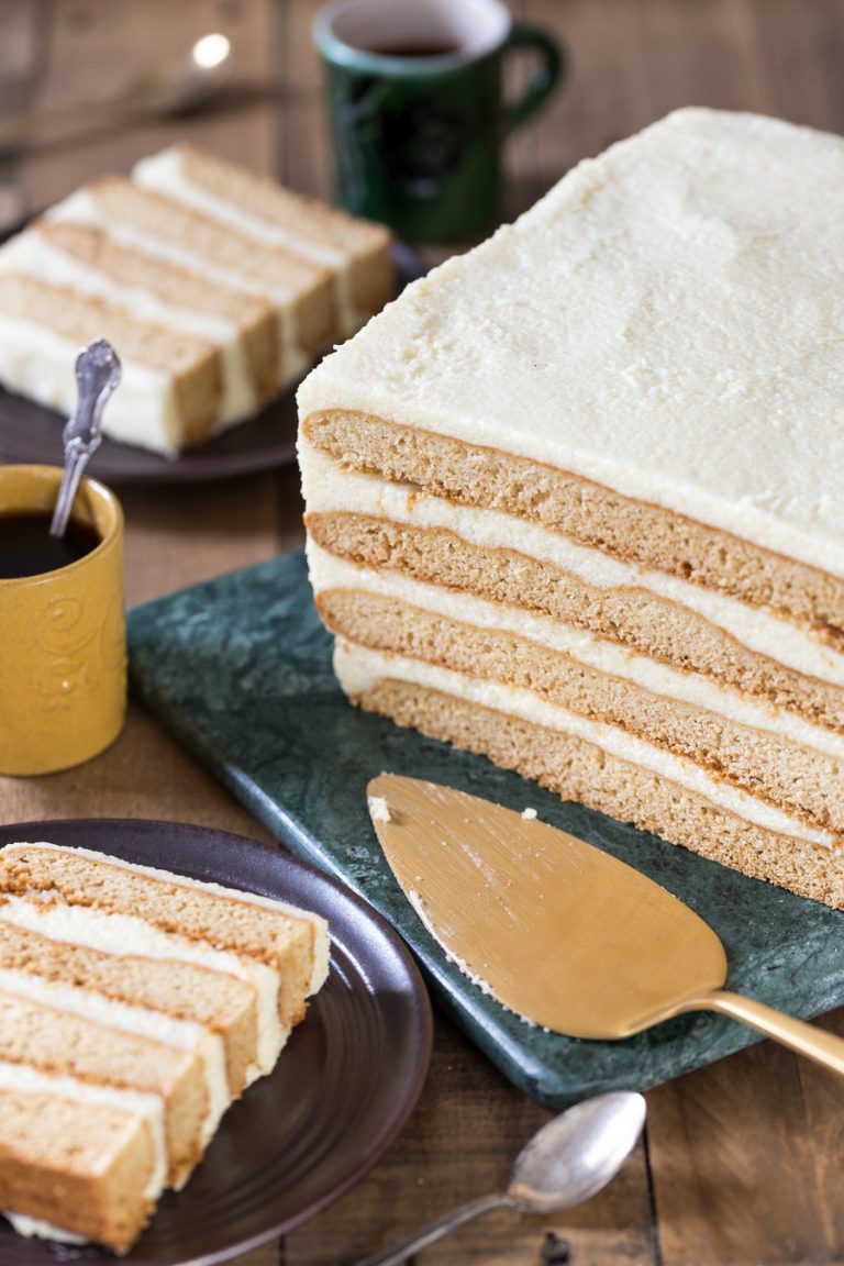 Detail of sliced Polish honey cake with semolina cream.