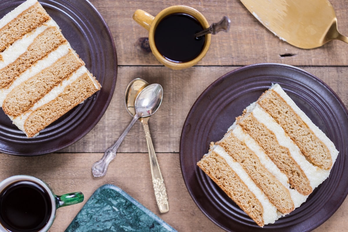 Overhead view of Polish honey cake sliced.