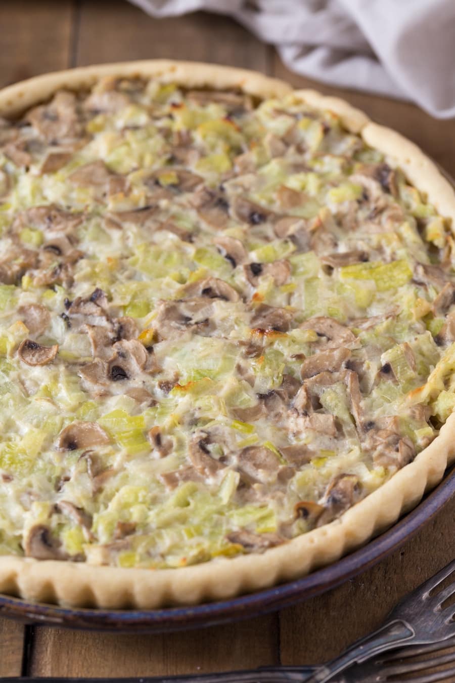 Closeup of leek mushroom pie.