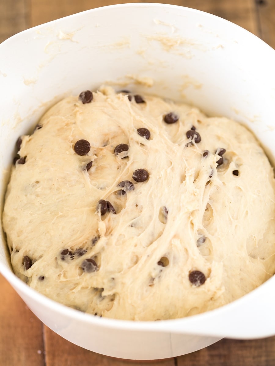 Yeast dough with chocolate chips in a white bowl.
