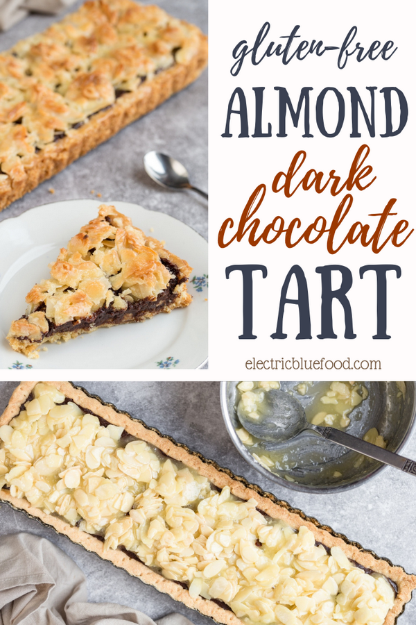 Almond chocolate tart on a gluten-free alond shortcrust. Filled with delicious dark chocolate and topped with glazed almonds, this chocolate almond tart is a delicious dessert option.