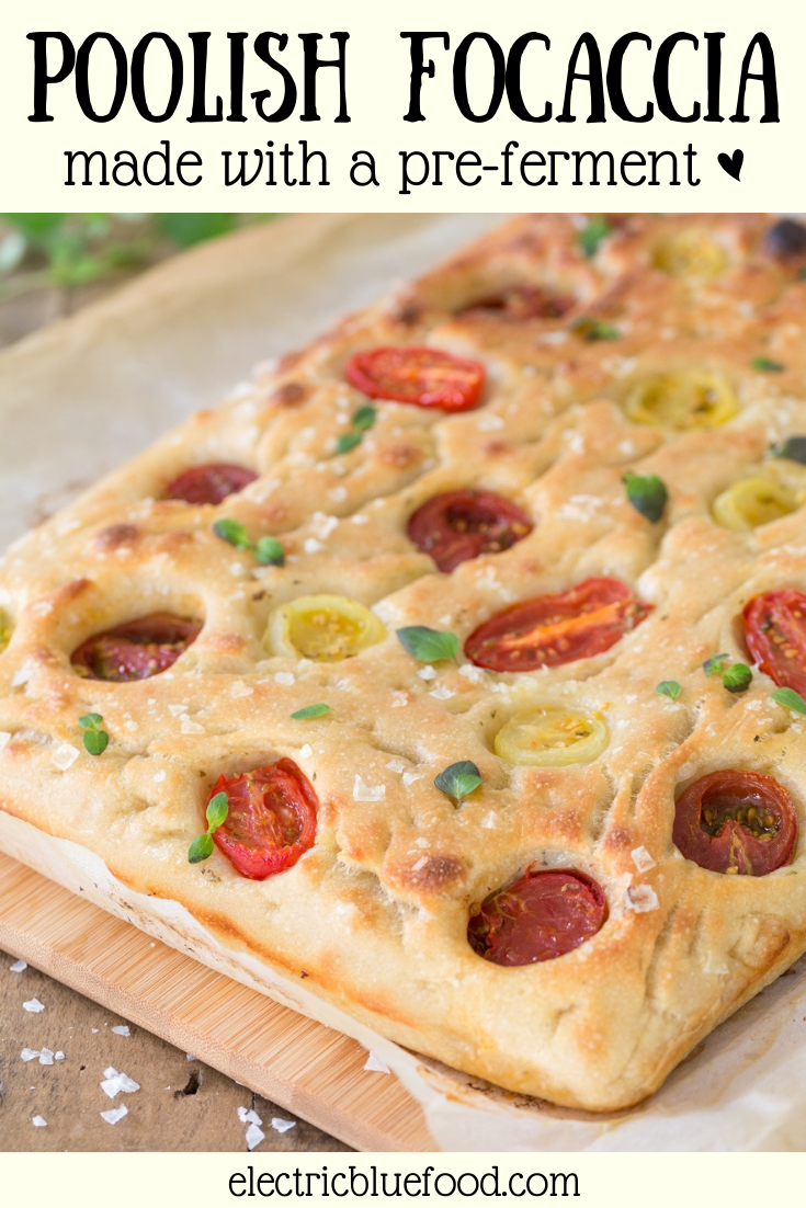 Make bakery-style focaccia bread at home using a poolish. By adding a pre-ferment you can make a delicious poolish focaccia that is soft and flavourful. Top with cherry tomatoes and fresh oregano for a lovely appetizer, or bake it plain and fill it with your favourite cheese to make fantastic focaccia sandwiches.