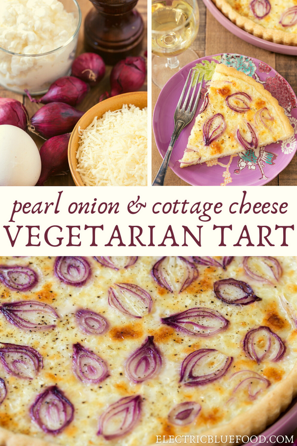 A delicate vegetarian savoury pie with a cottage cheese filling and thinly sliced pearl onions. This onion cottage cheese tart works great as a starter or as a lighter lunch, with a nice glass of white wine.