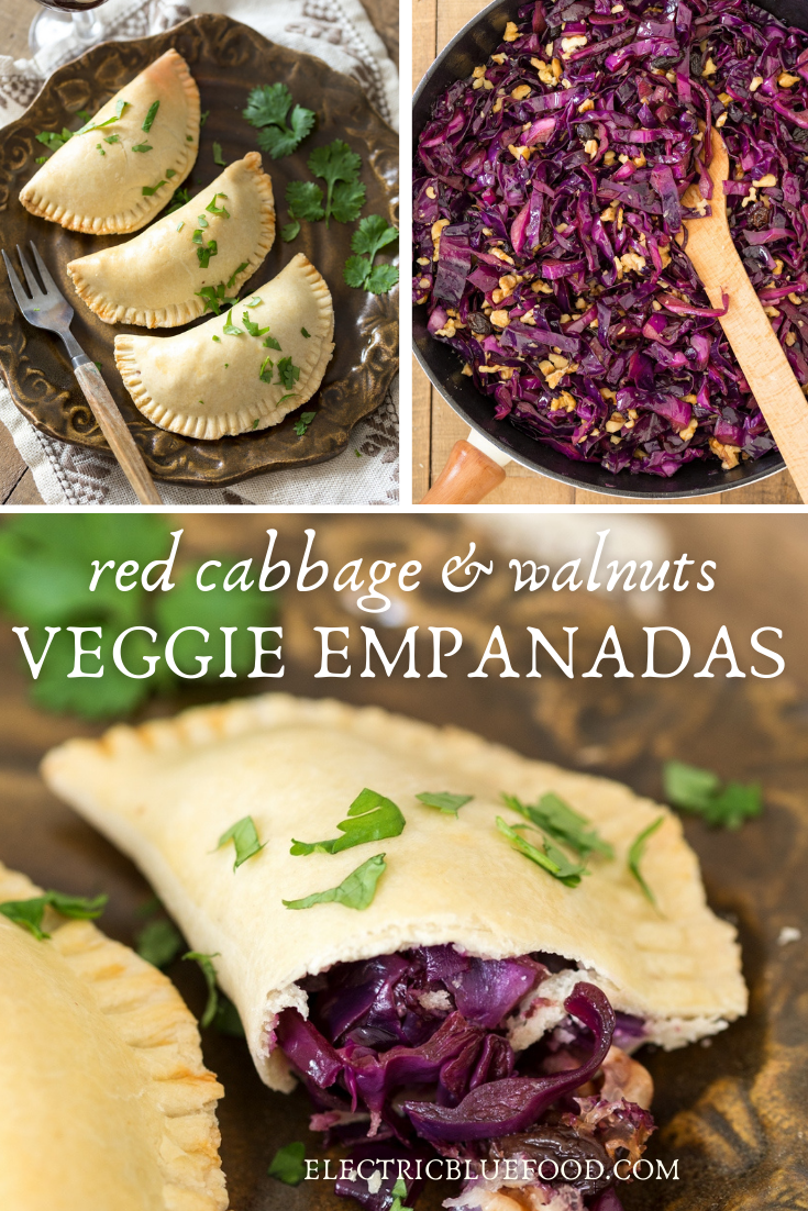 Veggie empanadas: a vegetarian version of the popular Argentine turnovers. A filling made of sautéed red cabbage, red onion, raisins and walnuts is enclosed inside a flaky pastry shell to make a delicious veggie dish.