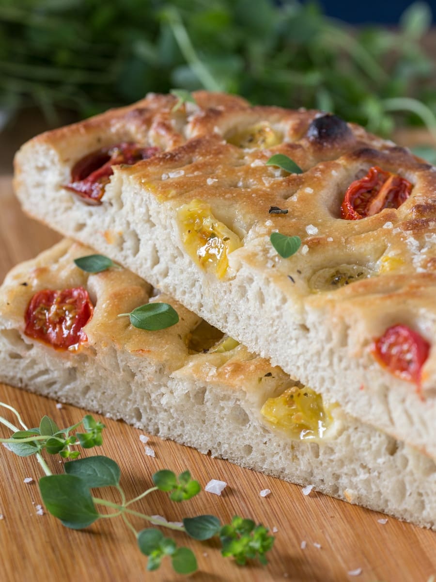Sliced poolish focaccia bread.