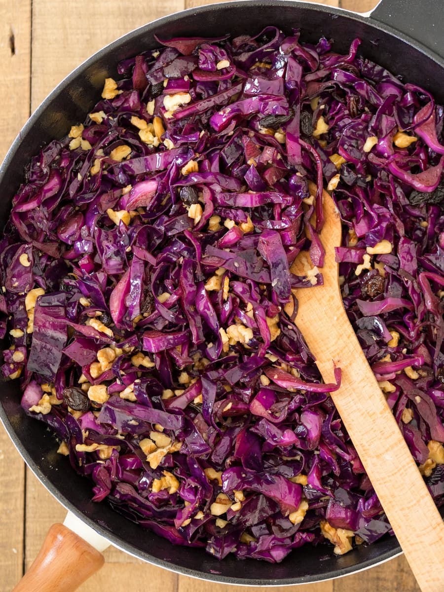Veggie empanadas filling: sautéed purple cabbage, red onion, raisins and chopped walnuts.