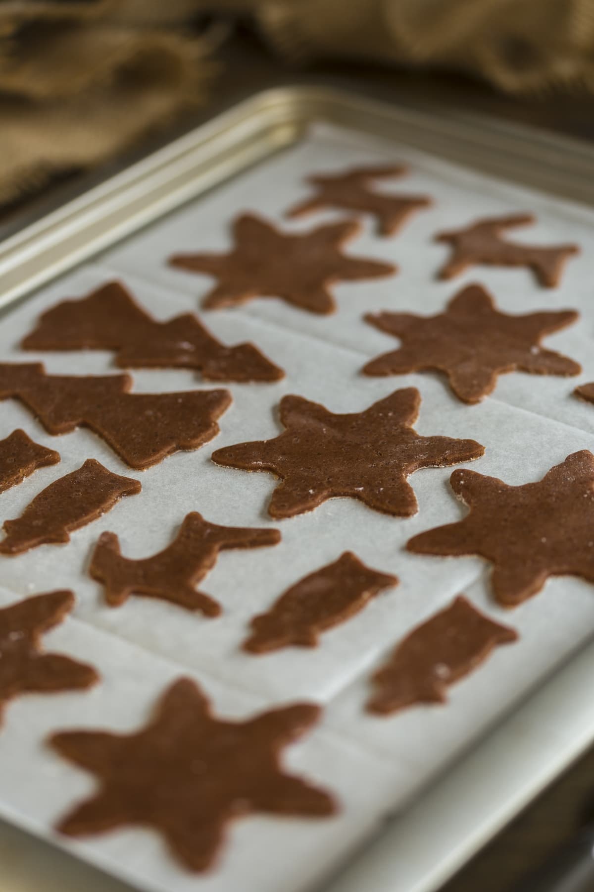 Ginger thins in various shapes placed on a tray lined with baking paper.