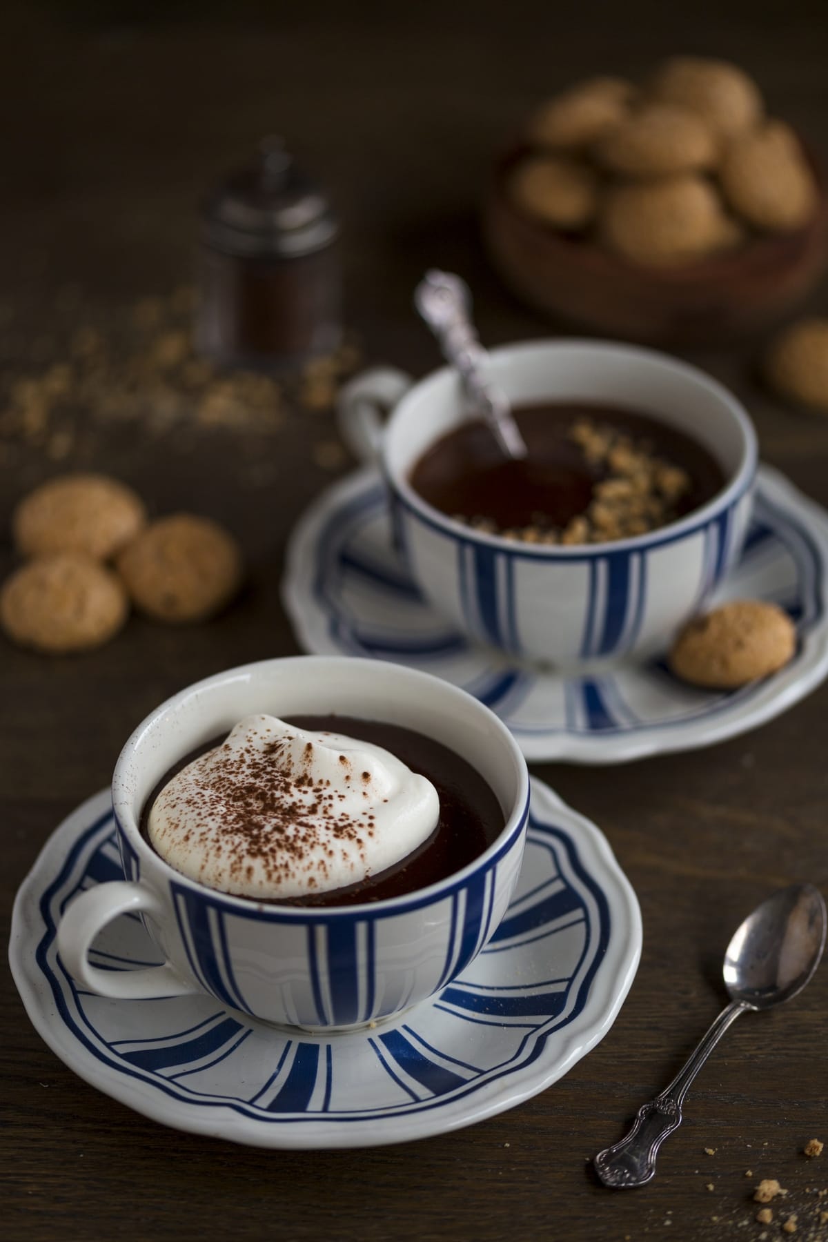 Italian hot chocolate topped with whipped cream or crushed cookies.