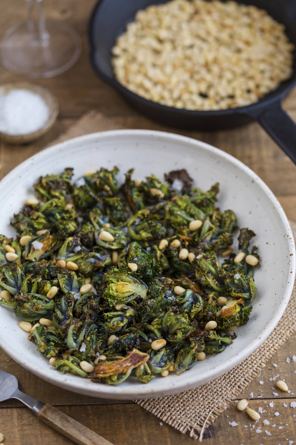 Roasted flower sprout salad with pine nuts.