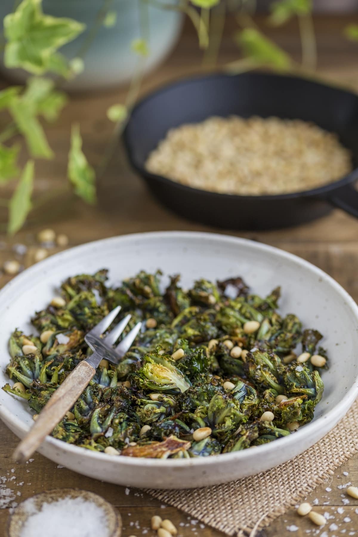 Roasted kalette salad in a white bowl.