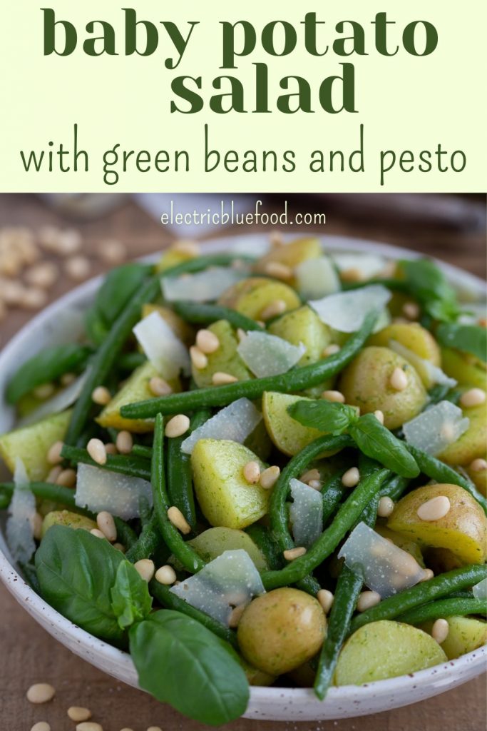 A delicious potato salad made with baby potatoes and green beans. This pesto potato salad has a fresh basil olive oil dressing, pine nuts and salty pecorino flakes. Inspired by pasta with pesto alla genovese, this Italian style potato salad is a summertime favourite.