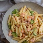 Overlay image of this pasta dish in a beige bowl.